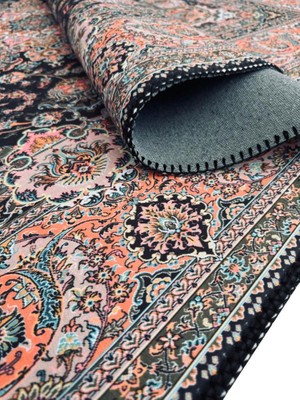 Carpettex Bambu Halı Ipeksi Yumuşak Su ve Leke Tutmaz Klasik Desenli Siyah Turuncu Halı