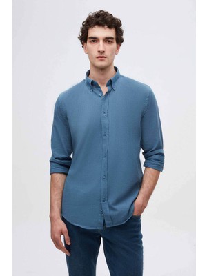D'S Damat Slim Fit İndigo Düğmeli Yaka %100 Pamuk Yazlık Flamlı Keten Görünümlü Gömlek 6HC02ORT63265