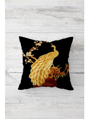 Pelangi Daldaki Gold Tavuskuşu Çift Tarafı Baskılı Gizli Fermuarlı Yastık Kılıfı Kırlent Koltuk Yastık Kılıf