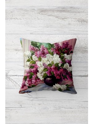 Pelangi Vintage Vazoda Leylak Çiçekli Çift Tarafı Baskılı Gizli Fermuarlı Kırlent Koltuk Yastık Kılıfı