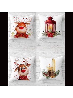 Pelangi Yılbaşı Konsept Geyikli Gizli Fermuarlı Kırlent Kılıfı Koltuk Yastık Kılıfı TAKIM(4ADET)