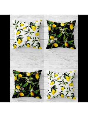 Pelangi Limon ve Limon Çiçekleri Desenli Gizli Fermuarlı Kırlent Kılıfı Koltuk Yastık Kılıfı TAKIM(4ADET)