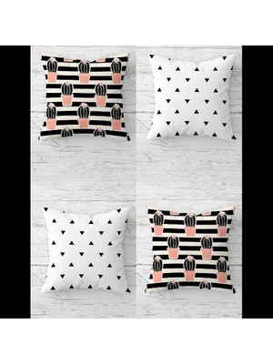 Pelangi Saksıda Kaktüs ve Üçgen Desenli Gizli Fermuarlı Kırlent Kılıfı Koltuk Yastık Kılıfı TAKIM(4ADET)