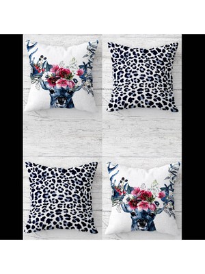 Pelangi Geyik ve Leopar Desenli Gizli Fermuarlı Kırlent Kılıfı Koltuk Yastık Kılıfı TAKIM(4ADET)