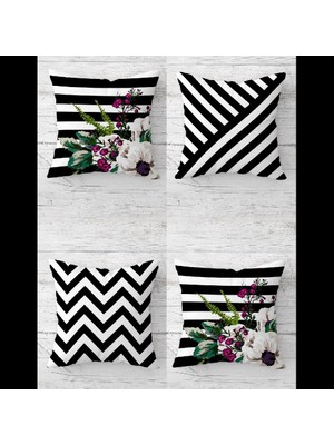 Pelangi Geometrik Çizgiler ve Çiçek Gizli Fermuarlı Kırlent Kılıfı Koltuk Yastık Kılıfı TAKIM(4ADET)