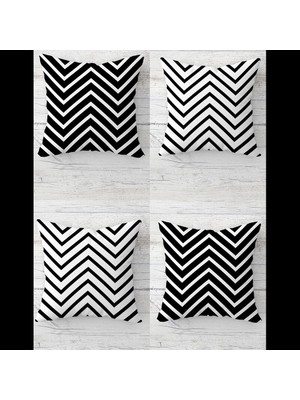 Pelangi Zigzag Desenli Siyah Beyaz Gizli Fermuarlı Kırlent Kılıfı Koltuk Yastık Kılıfı TAKIM(4ADET)