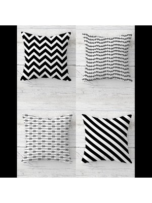 Pelangi Siyah-Beyaz Zigzag Desenli Gizli Fermuarlı Kırlent Kılıfı Koltuk Yastık Kılıfı TAKIM(4ADET)
