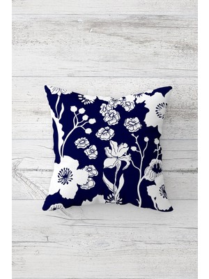 Pelangi Lacivert Zemin Çiçek Desenli Çift Tarafı Baskılı Gizli Fermuarlı Kırlent Koltuk Yastık Kılıfı