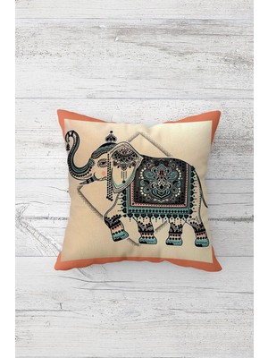 Pelangi Etnik Fil Desenli Hint Işi Çift Tarafı Baskılı Gizli Fermuarlı Kırlent Koltuk Yastık Kılıfı