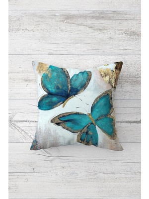 Pelangi Gold Kanatlı Turkuaz Kelebekler Çift Tarafı Baskılı Gizli Fermuarlı Kırlent Koltuk Yastık Kılıfı