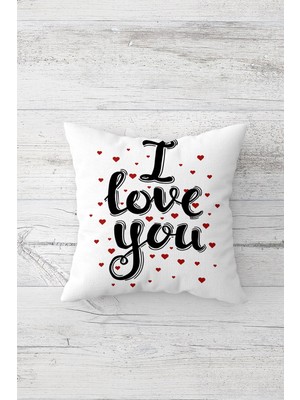 Pelangi I Love You Yazılı Kalpli Çift Tarafı Baskılı Gizli Fermuarlı Kırlent Koltuk Yastık Kılıfı