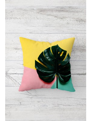 Pelangi Renkli Zemin Yapraklı Çift Tarafı Baskılı Gizli Fermuarlı Yastık Kılıfı Kırlent Koltuk Yastık Kılıfı