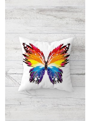 Pelangi Renkli Kelebek Desen Çift Tarafı Baskılı Gizli Fermuarlı Yastık Kılıfı Kırlent Koltuk Yastık Kılıfı