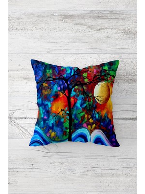 Pelangi Ay ve Ağaç Çift Tarafı Baskılı Gizli Fermuarlı Yastık Kılıfı Kırlent Koltuk Yastık Kılıfı