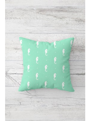 Pelangi Deniz Atı Mint Yeşili Çift Tarafı Baskılı Gizli Fermuarlı Yastık Kırlent Koltuk Yastık Kılıfı