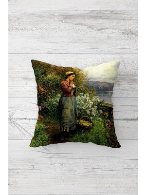 Pelangi Bahçede Düşünen Kadın Çift Tarafı Baskılı Gizli Fermuarlı Yastık Kılıfı Kırlent Koltuk Yastık Kılıfı