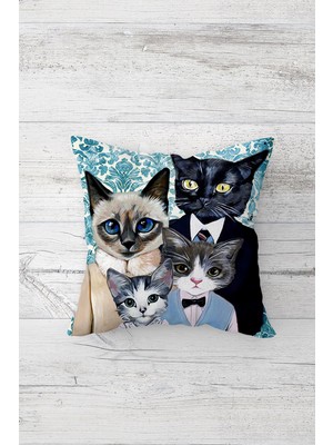 Pelangi Mavi Zemin Kedi Ailesi Çift Tarafı Baskı Gizli Fermuarlı Yastık Kılıfı Kırlent Koltuk Yastık Kılıfı