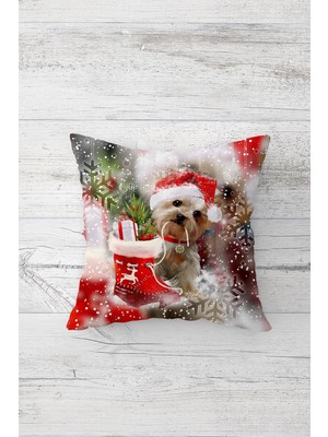 Pelangi Yılbaşı Chrsitmas Köpekli Çift Taraflı Gizli Fermuarlı Yastık Kılıfı Kırlent Koltuk Yastık Kılıfı