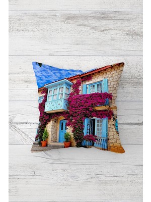 Pelangi Bodrum Evleri Çift Tarafı Baskılı Gizli Fermuarlı Yastık Kılıfı Kırlent Koltuk Yastık Kılıfı