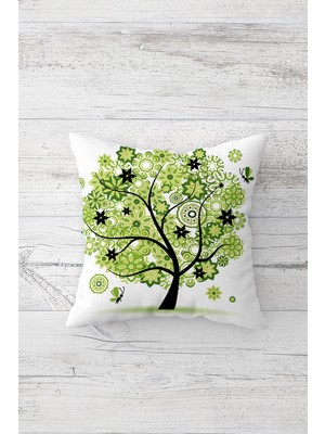 Pelangi Yeşil Çiçekler Ağacı Çift Tarafı Baskılı Gizli Fermuarlı Yastık Kılıfı Kırlent Koltuk Yastık Kılıfı