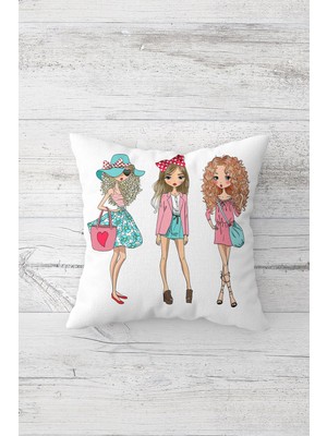 Pelangi Üç Kız Arkadaş Çift Tarafı Baskılı Gizli Fermuarlı Yastık Kılıfı Kırlent Koltuk Yastık Kılıfı