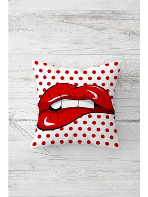 Pelangi Kırmızı Dudak Desenli Çift Tarafı Baskılı Gizli Fermuarlı Yastık Kılıfı Kırlent Koltuk Yastık Kılıfı