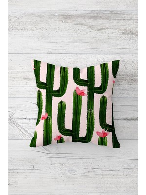 Pelangi Çiçekli Kaktüs Desen Çift Tarafı Baskılı Gizli Fermuarlı Yastık Kılıfı Kırlent Koltuk Yastık Kılıfı