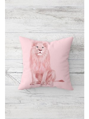 Pelangi Pembe Aslan Desenli Çift Tarafı Baskılı Gizli Fermuarlı Yastık Kılıfı Kırlent Koltuk Yastık Kılıfı