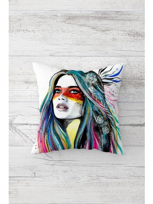 Pelangi Renkli Saçlı Savaşçı Kız Çift Tarafı Baskılı Gizli Fermuarlı Yastık Kırlent Koltuk Yastık Kılıfı