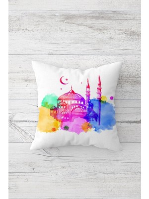 Pelangi Boya Desen Cami Ramazan Tema Tarafı Baskılı Gizli Fermuarlı Yastık Kılıfı Kırlent Yastık Kılıfı
