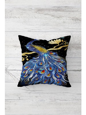 Pelangi Dalda Tavuskuşu Çift Tarafı Baskılı Gizli Fermuarlı Yastık Kılıfı Kırlent Koltuk Yastık Kılıfı