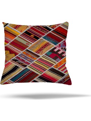 Pelangi Geometrik Patchwork Çiçek Etnik Desen Gizli Fermuarlı Yastık Kılıfı Kırlent Kılıfı