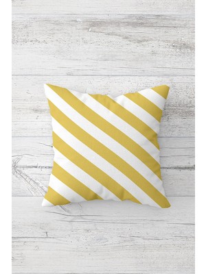 Pelangi Çapraz Sarı Şeritli Çift Tarafı Baskılı Gizli Fermuarlı Yastık Kılıfı Kırlent Koltuk Yastık Kılıfı