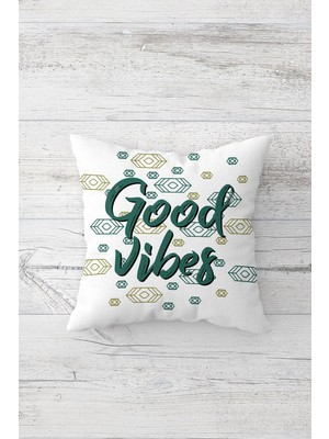 Pelangi Good Vibes Yazılı Çift Tarafı Baskılı Gizli Fermuarlı Yastık Kılıfı Kırlent Koltuk Yastık Kılıfı