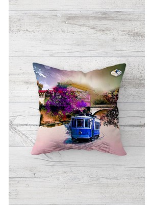 Pelangi Begonvil Tramvay Desenli Çift Tarafı Baskılı Gizli Fermuarlı Yastık Kılıfı Kırlent Yastık Kılıfı