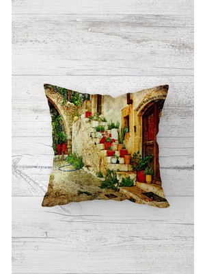 Pelangi Merdivende Çiçekler Çift Tarafı Baskılı Gizli Fermuarlı Yastık Kılıfı Kırlent Koltuk Yastık Kılıfı