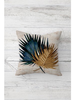 Pelangi Gold Petrol Tropikal Yaprak Desen Çift Tarafı Baskılı Gizli Fermuarlı Kırlent Koltuk Yastık Kılıfı