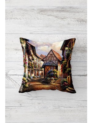 Pelangi Çiçekli Sokak Desenli Çift Tarafı Baskılı Gizli Fermuarlı Yastık Kılıfı Kırlent Koltuk Yastık Kılıfı