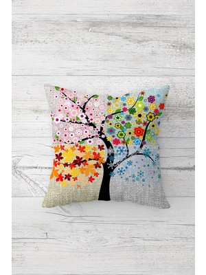 Pelangi Ağaç ve Renkli Çiçekler Çift Tarafı Baskılı Gizli Fermuarlı Yastık Kılıfı Kırlent Yastık Kılıfı