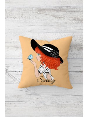 Pelangi Şapkalı Kız ve Kuş Çift Tarafı Baskılı Gizli Fermuarlı Yastık Kılıfı Kırlent Koltuk Yastık Kılıfı