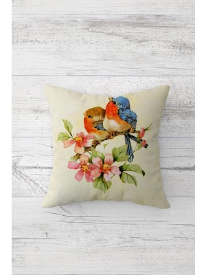 Pelangi Daldaki Kuşlar Vintage Çiçekli Çift Taraflı Gizli Fermuar Yastık Kılıfı Kırlent Koltuk Yastık Kılıfı