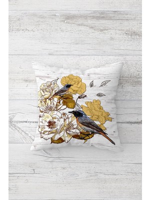 Pelangi Bahar Dallı Kuşlu Çift Tarafı Baskılı Gizli Fermuarlı Yastık Kılıfı Kırlent Koltuk Yastık Kılıfı
