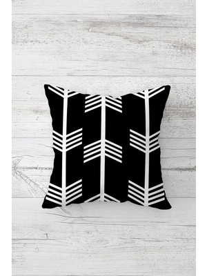 Pelangi Siyah Zeminde Beyaz Ok Çift Tarafı Baskılı Gizli Fermuarlı Yastık Kılıfı Kırlent Yastık Kılıfı