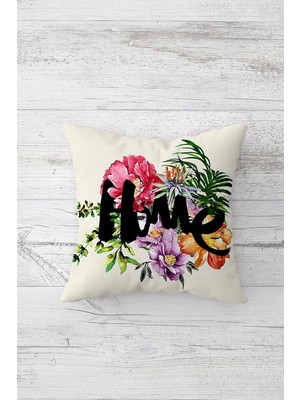 Pelangi Çiçekli Home Yazılı Çift Tarafı Baskılı Gizli Fermuarlı Yastık Kılıfı Kırlent Koltuk Yastık Kılıfı