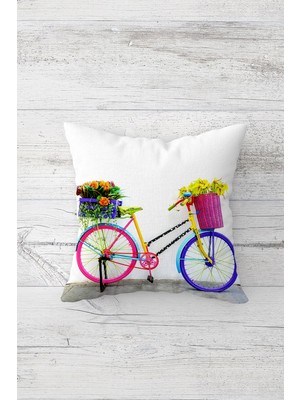 Pelangi Çiçekli Bisiklet Çift Tarafı Baskılı Gizli Fermuarlı Yastık Kılıfı Kırlent Koltuk Yastık Kılıfı
