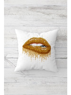 Pelangi Gold Dudak Sexy Çift Tarafı Baskılı Gizli Fermuarlı Yastık Kılıfı Kırlent Koltuk Yastık Kılıfı