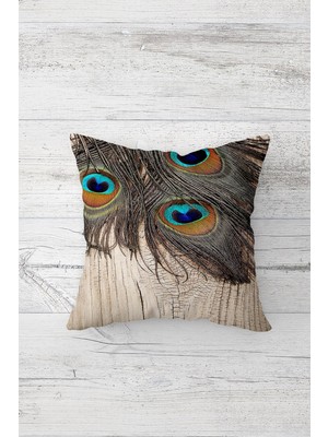 Pelangi Ahşap Zemin Tavuskuşu Tüyü Çift Tarafı Baskılı Gizli Fermuarlı Kırlent Koltuk Yastık Kılıfı