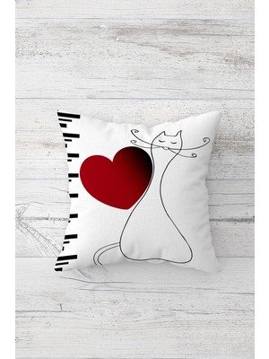 Pelangi Kırmızı Kalpli Kedili Çift Tarafı Baskılı Gizli Fermuarlı Yastık Kılıfı Kırlent Koltuk Yastık Kılıfı