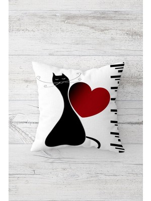 Pelangi Kırmızı Kalpli Kedili Çift Tarafı Baskılı Gizli Fermuarlı Yastık Kılıfı Kırlent Koltuk Yastık Kılıfı