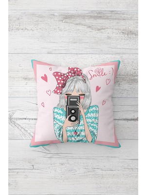 Pelangi Fotograf Çeken Kız Çift Tarafı Baskılı Gizli Fermuarlı Yastık Kılıfı Kırlent Koltuk Yastık Kılıfı